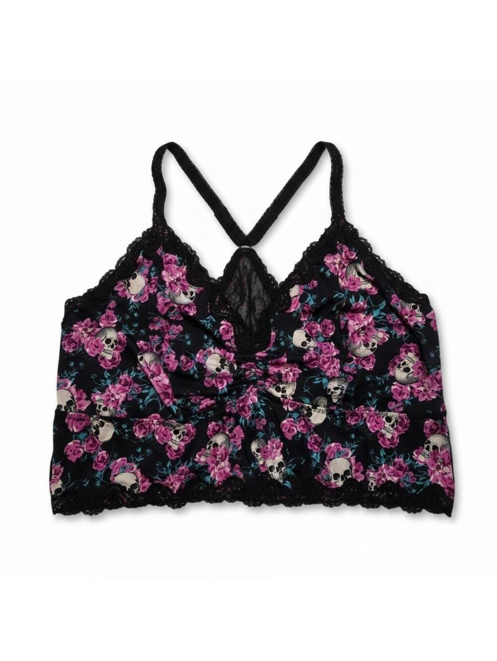 Torrid Curve Bra 5X Black Floral Lace Bralette Skulls Racerback Cute Goth Grunge
